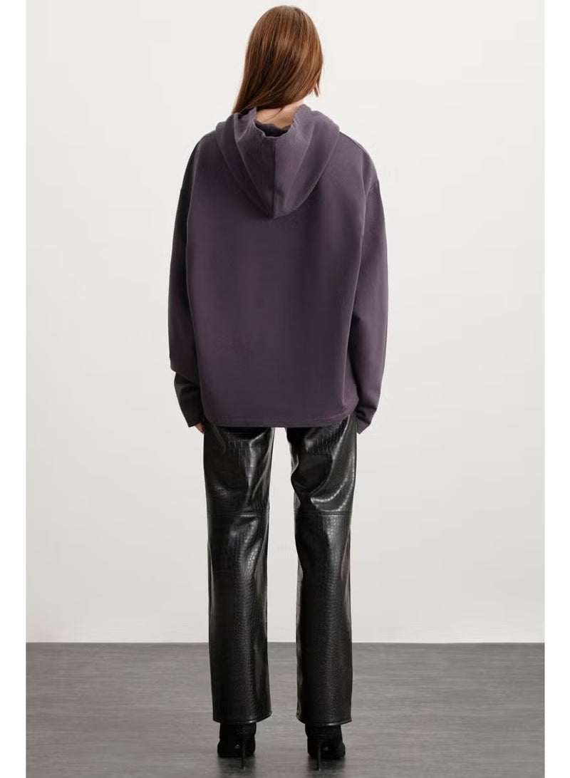 GRIMELANGE Marylou Women's Oversize Pattern Hooded Purple Sweatshirt - Image 5